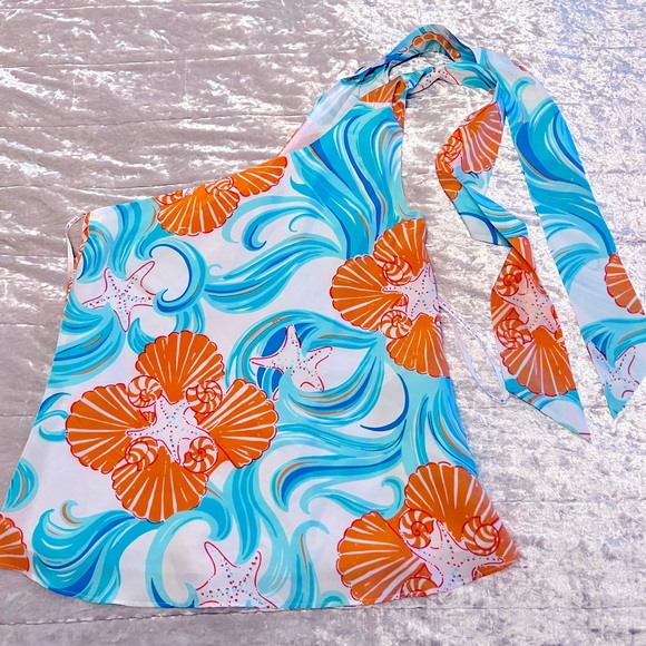 Lilly Pulitzer Do The Wave Orange Blue Seashell Starfish Silk Top - Picture 2 of 7